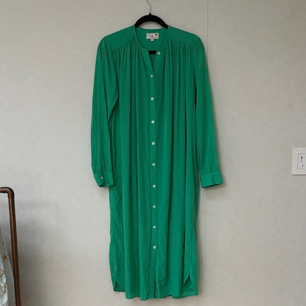 Mille Resort & Travel Green Button-Front Long Sleeve Maxi Dress Kaftan Coverup